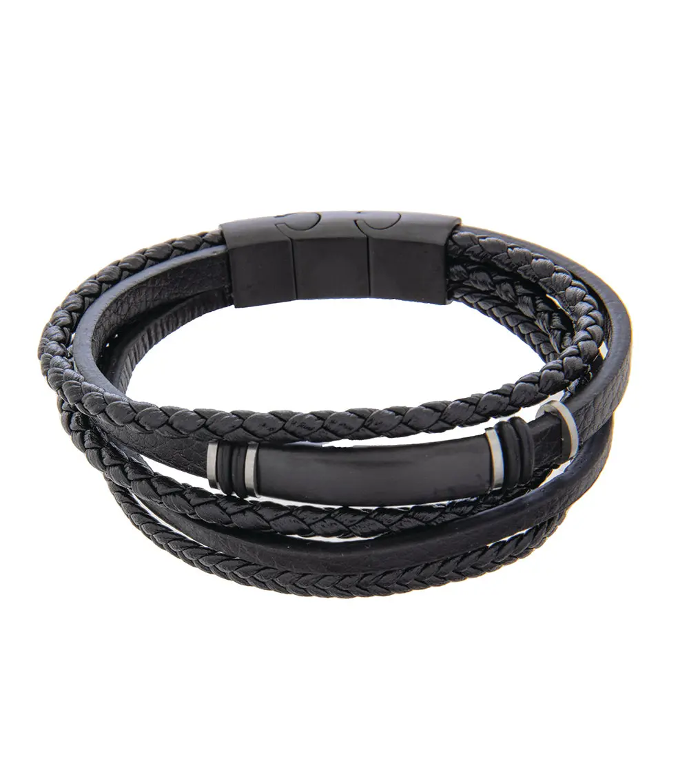 Mens Bracelet 19-21Cm Black Multi-Leather With Black Steel And Extender 1