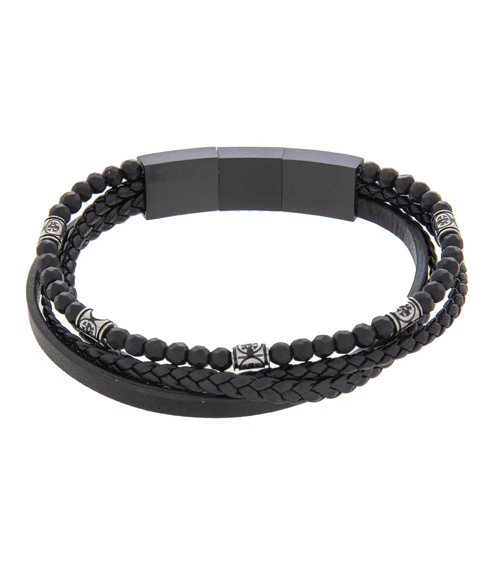 Mens Bracelet 21-23 Cm Black Multi-Leather With Stone And Extender 1