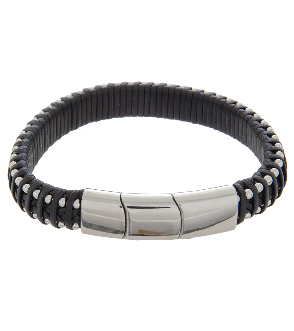 Mens Bracelet 19-21Cm Steel Black Leather Medium And Extender 2