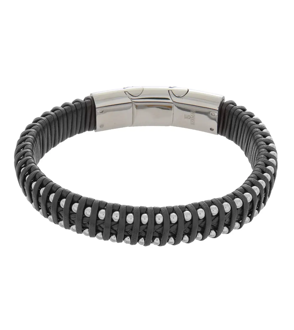 Mens Bracelet 19-21Cm Steel Black Leather Medium And Extender 1