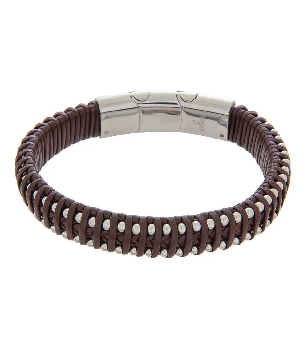 Mens Bracelet 19-21Cm Steel Brown Leather Medium And Extender 1
