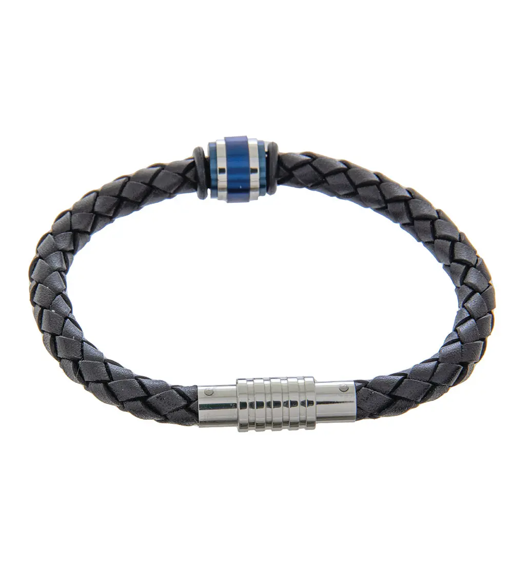 Mens Bracelet 21Cm Black Leather With Blue Accent 2
