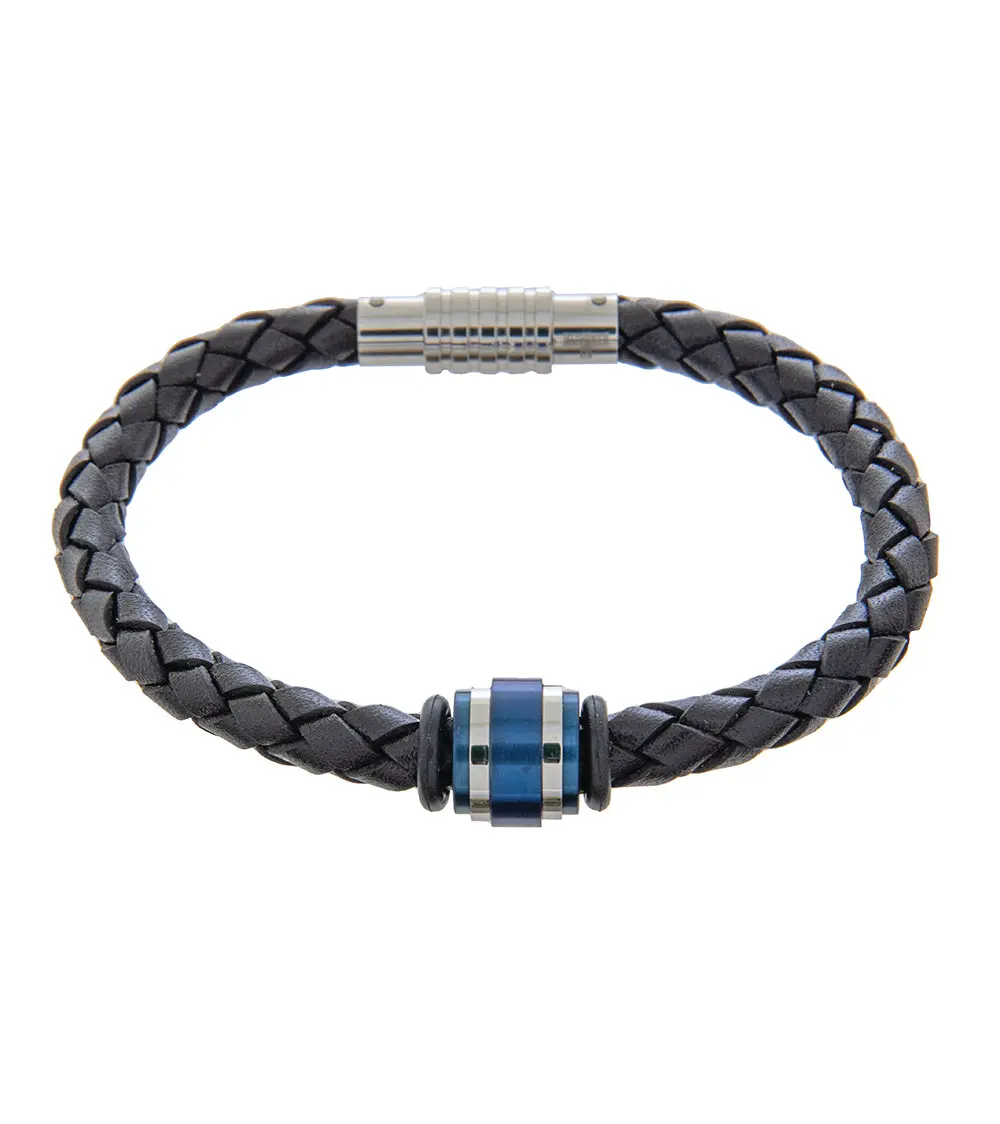Mens Bracelet 21Cm Black Leather With Blue Accent 1