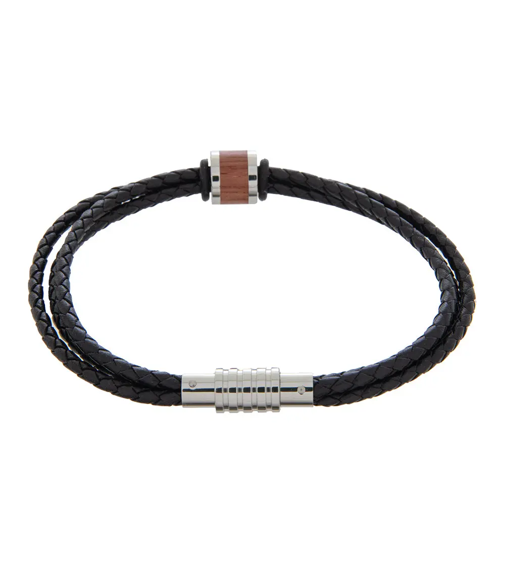 Mens Bracelet 23Cm Triple Black Leather With Bubinga Link 2