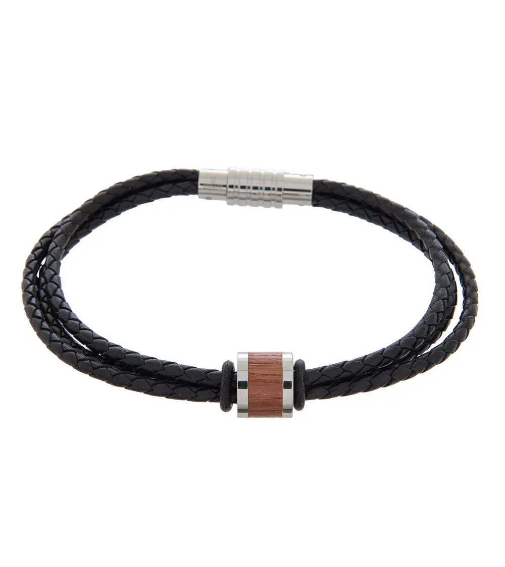 Mens Bracelet 23Cm Triple Black Leather With Bubinga Link 1