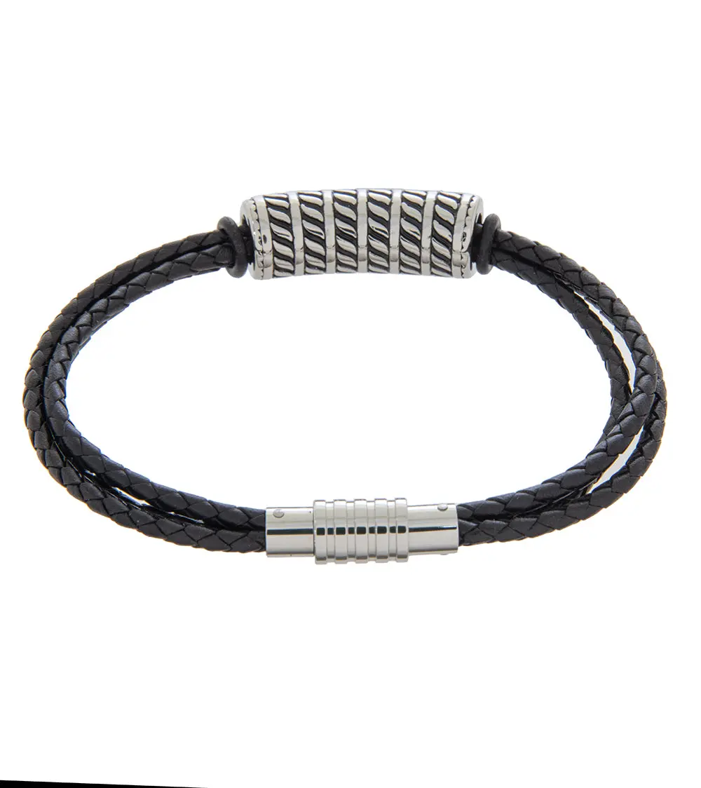 Mens Bracelet 23Cm Triple Black Leather With Long Cable Link 2