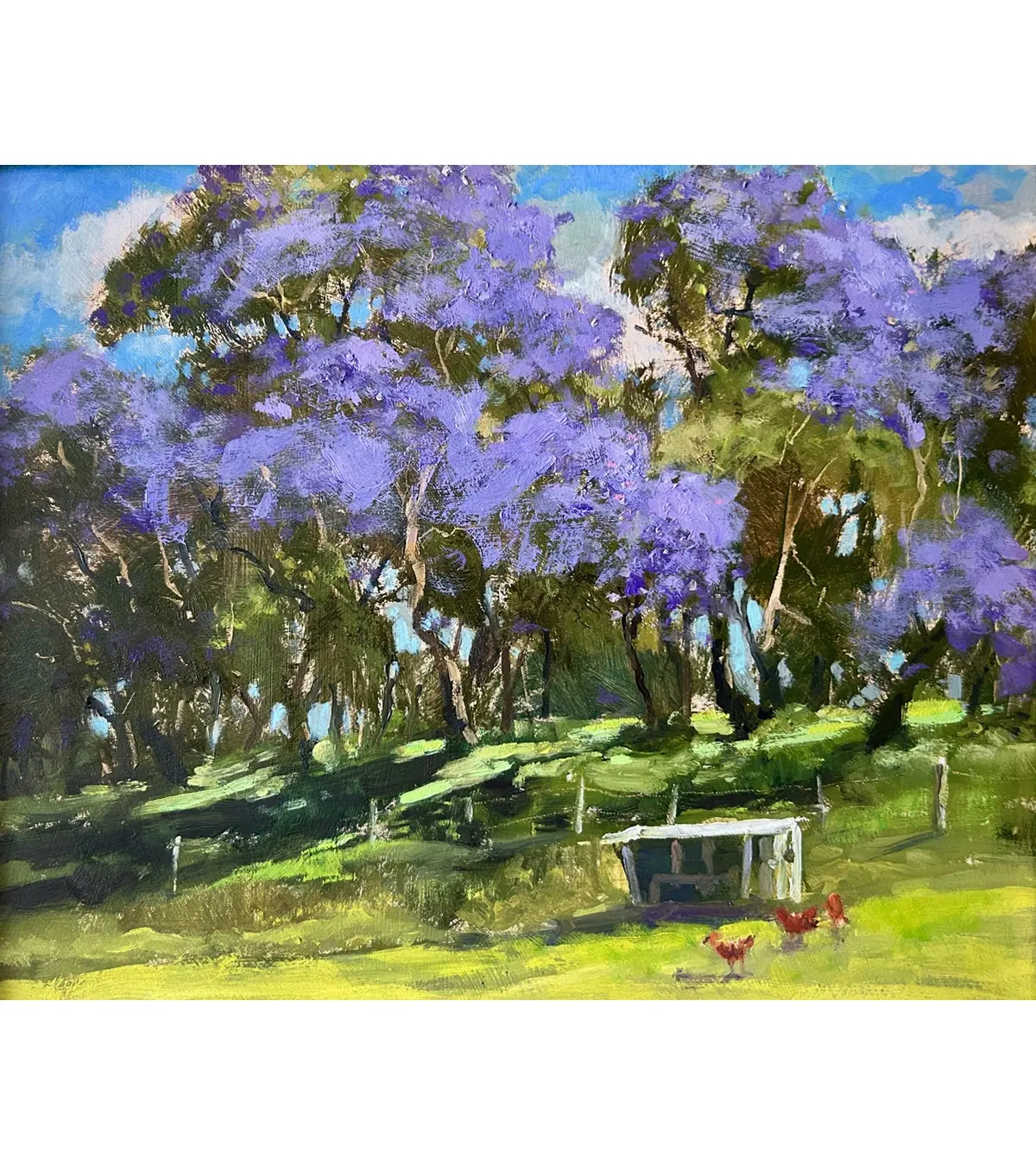 Original Pastel Painting "Jacarandas And Chickens" By Michael Clements 12X10 1