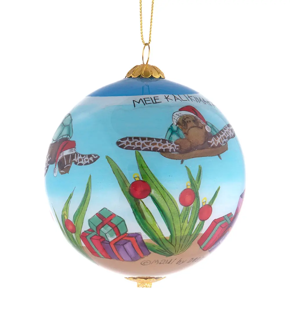 Glass Ornament - Christmas Turtle Hawaii 1