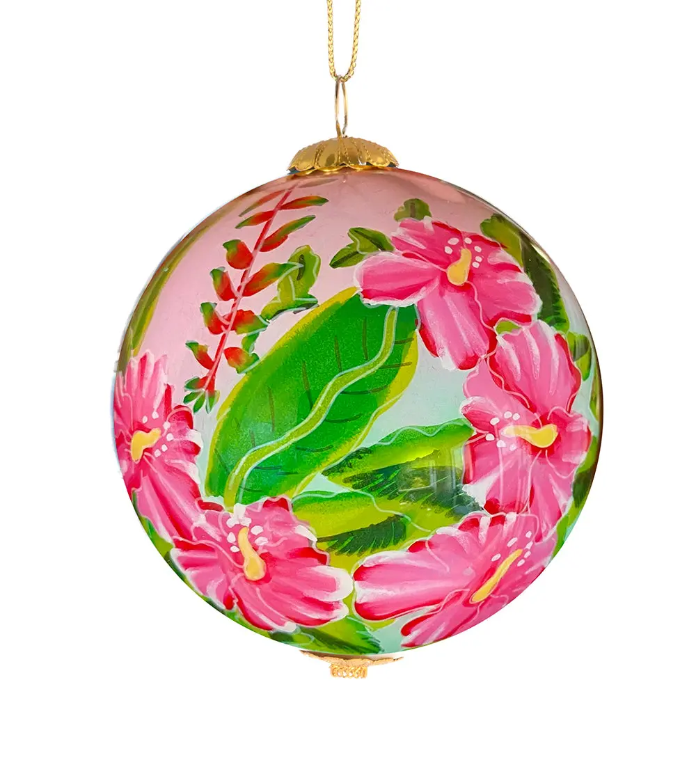 Glass Ornament - Heliconia & Pink Hibiscus 1