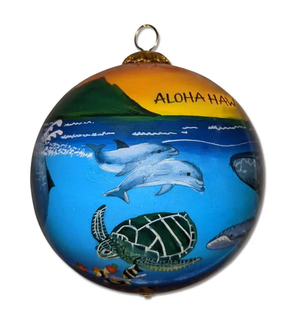 Glass Ornament - Humpback Whales, Dolphins And Honu 1