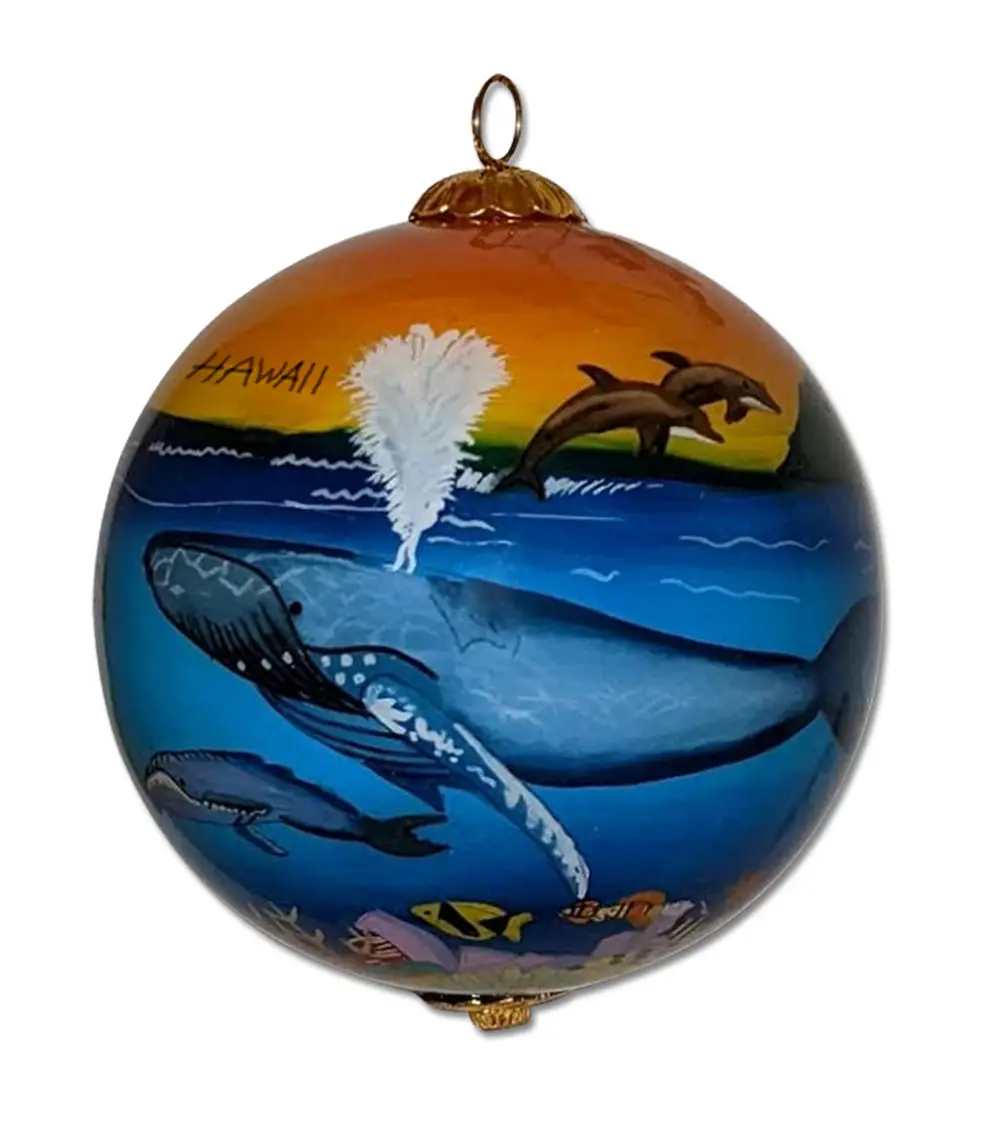 Glass Ornament - Humpback Whales, Dolphins And Honu 2