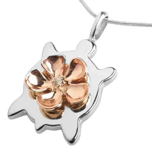 White 14K Gold Plumeria Honu Pendant With Rose 14K Gold Plumeria With Diamond 1