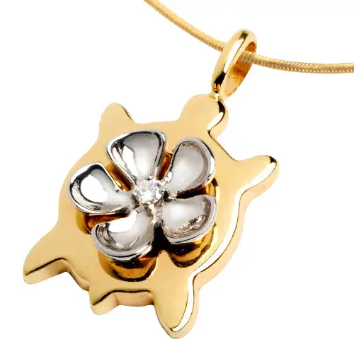 Yellow 14K Gold Plumeria Honu Pendant With White 14K Gold Plumeria With Diamond 1