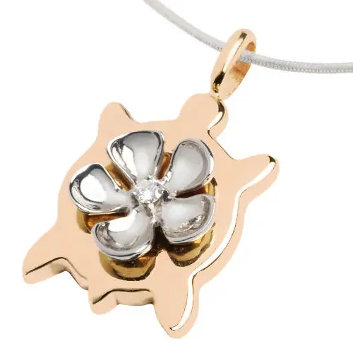 Rose 14K Gold Plumeria Honu Pendant With White 14K Gold Plumeria With Diamond 1