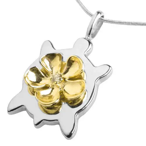 White 14K Gold Plumeria Honu Pendant With Yellow 14K Gold Plumeria With Diamond 1