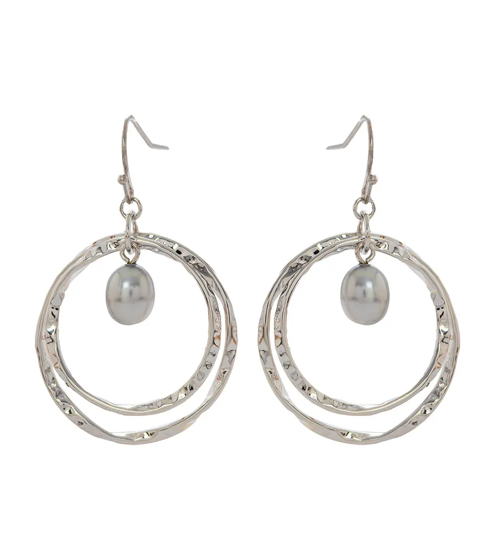 Pearl Double-Circle Earrings, Rhodium Plated 1