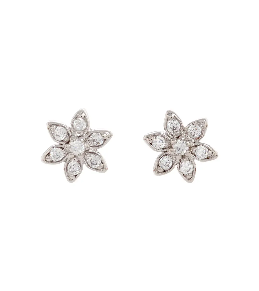 Plumeria Earrings, Extra Small, Rhodium Plated, Cubic Zirconia 1