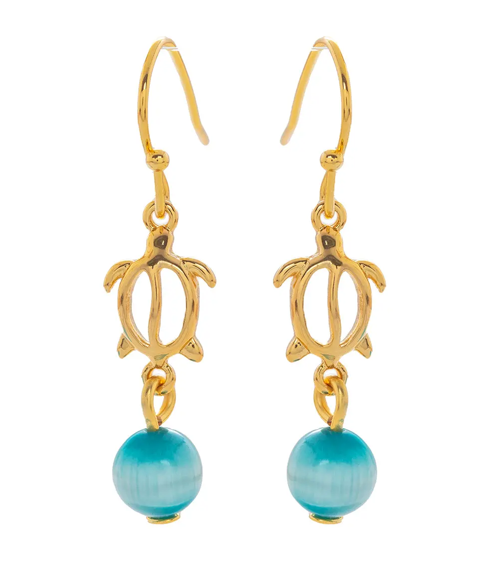 Honu Earrings, Blue Cat's Eye, Gold Plated 1
