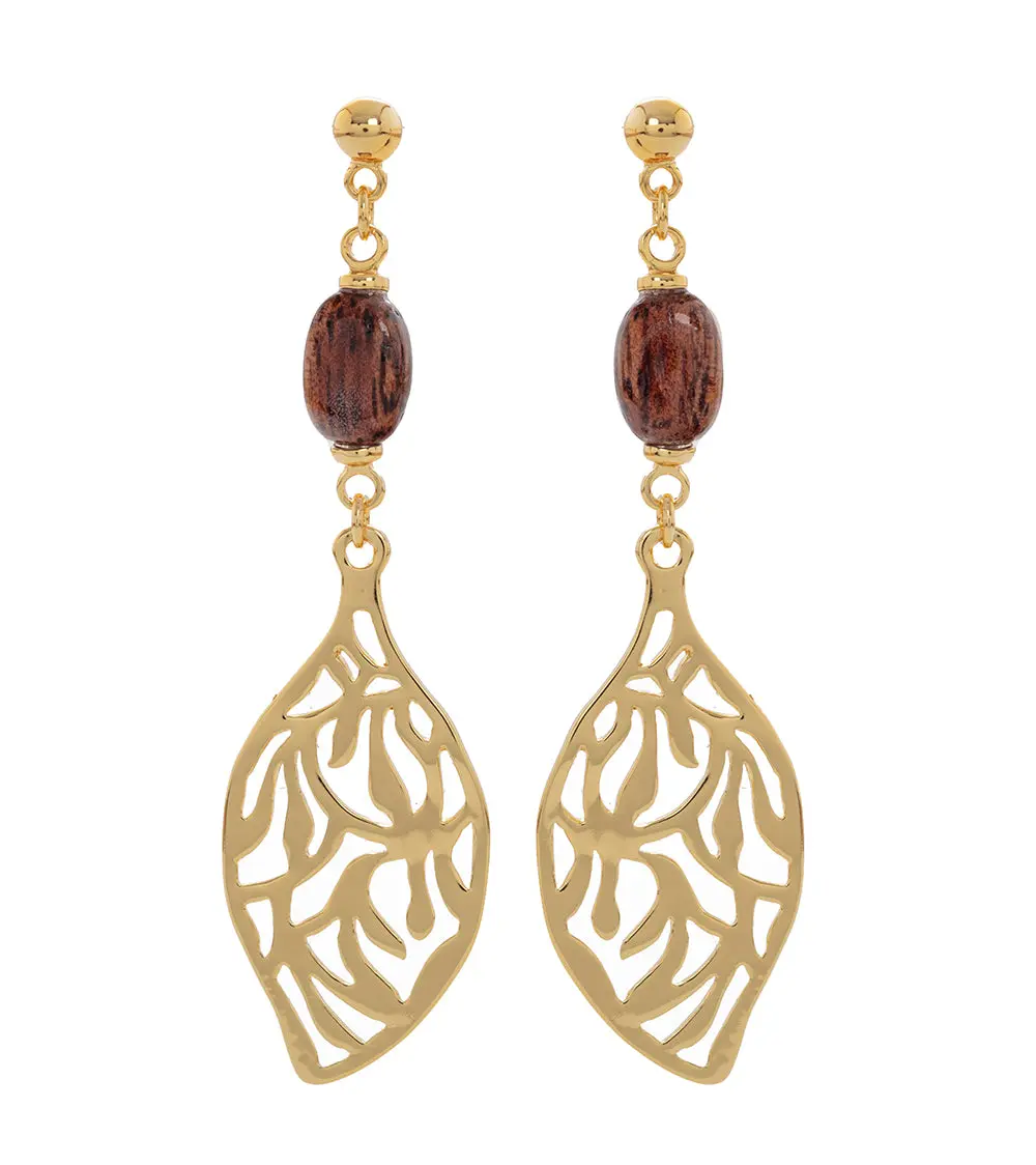 Maile Koa Drop Earrings, 14K Gold Plated 1