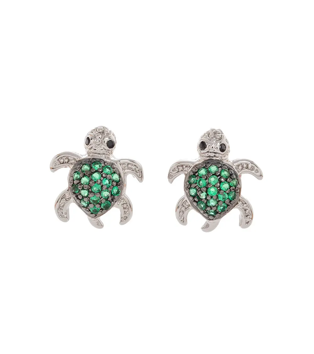 Honu Earrings, Green Cubic Zirconia Pave, Rhodium Plated 1