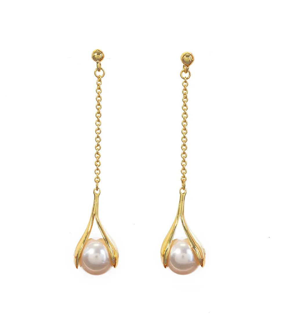 Gold 8Mm Pearl With Chain Earrings 1