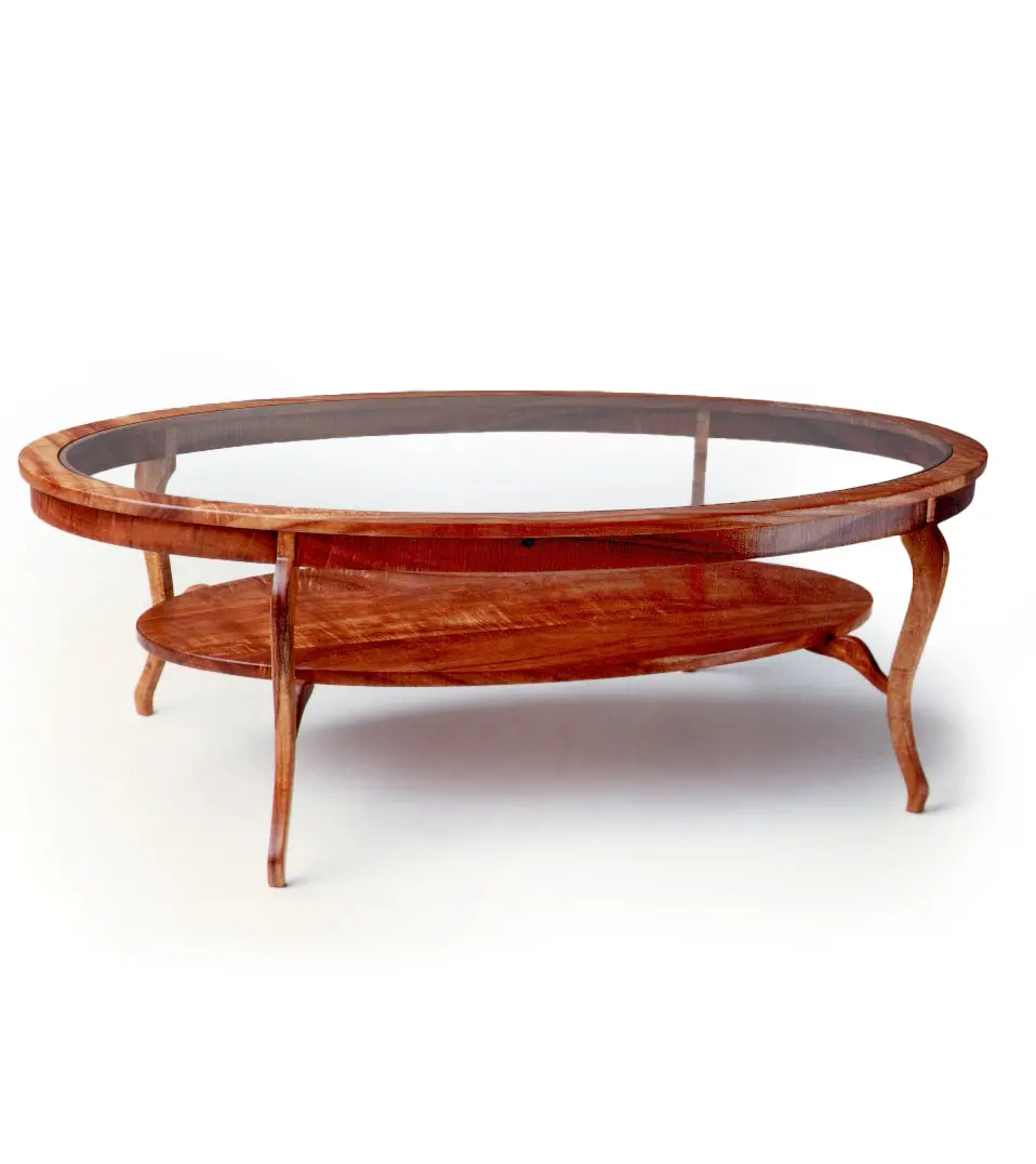 Oval Coffee Table. Glass Top. Corbel Koa Shelf 2