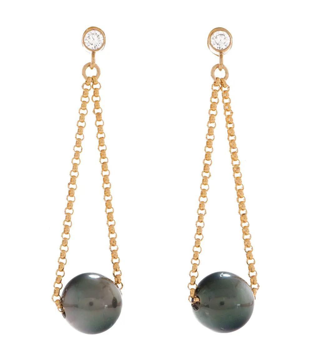 Tahitian Pearl Floating Gold Chain Earrings 1