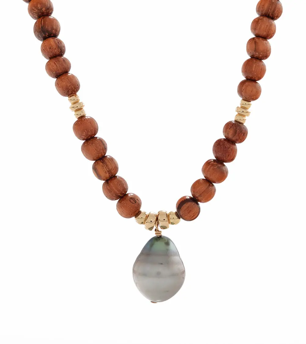 Tahitian Pearl Koa Bead Necklace 18" 1