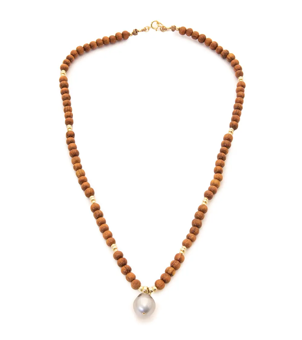Tahitian Pearl Koa Bead Necklace 18" 2