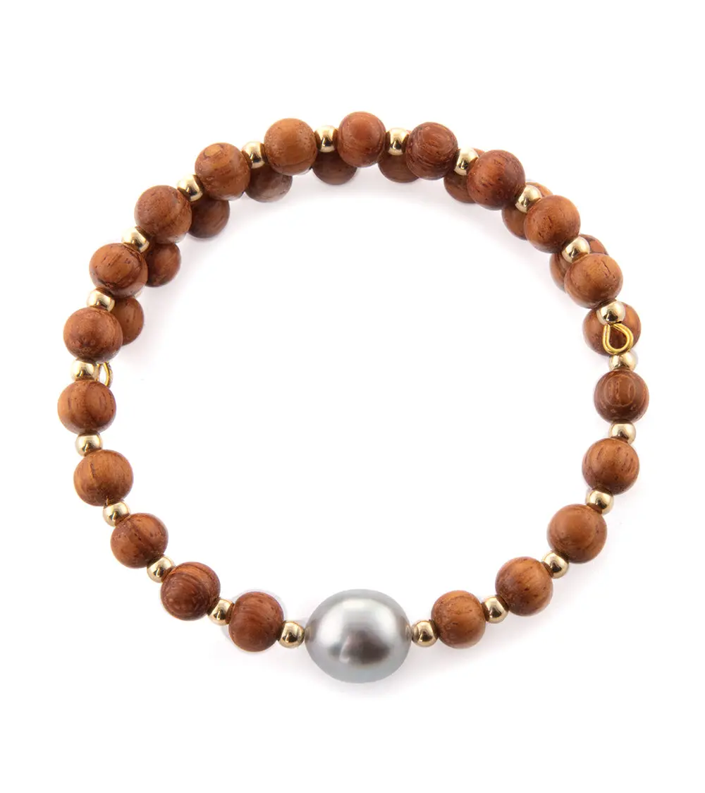Koa And Tahitian Pearl Beaded Bracelet - Gold Filled 1
