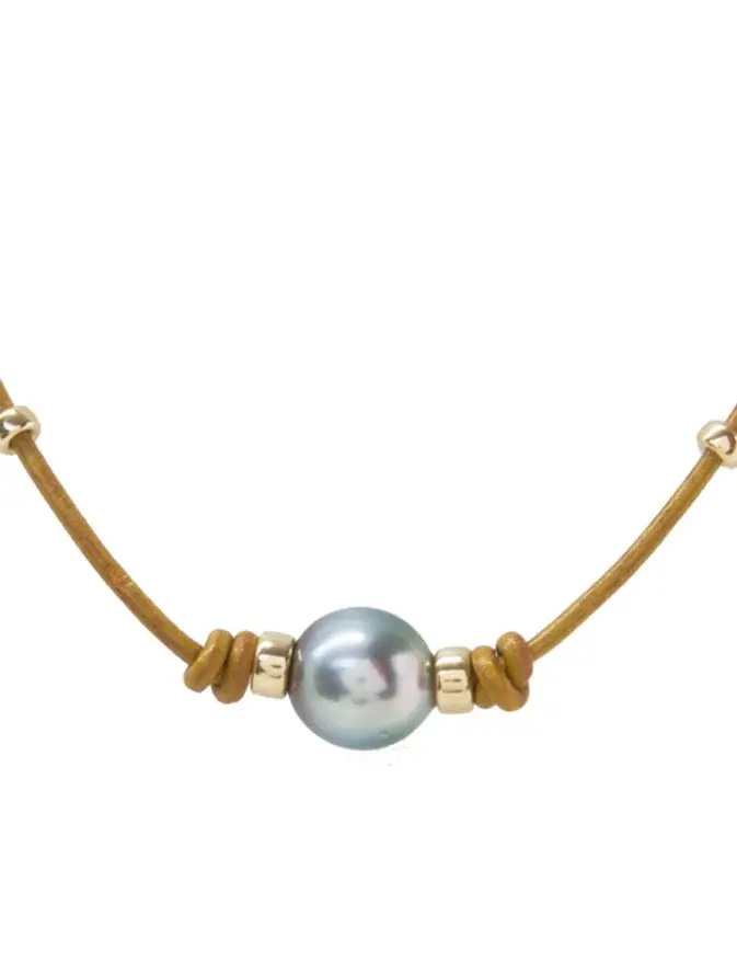 Tan Leather Tahitian Pearl Necklace With Beads - Gold Filled 1