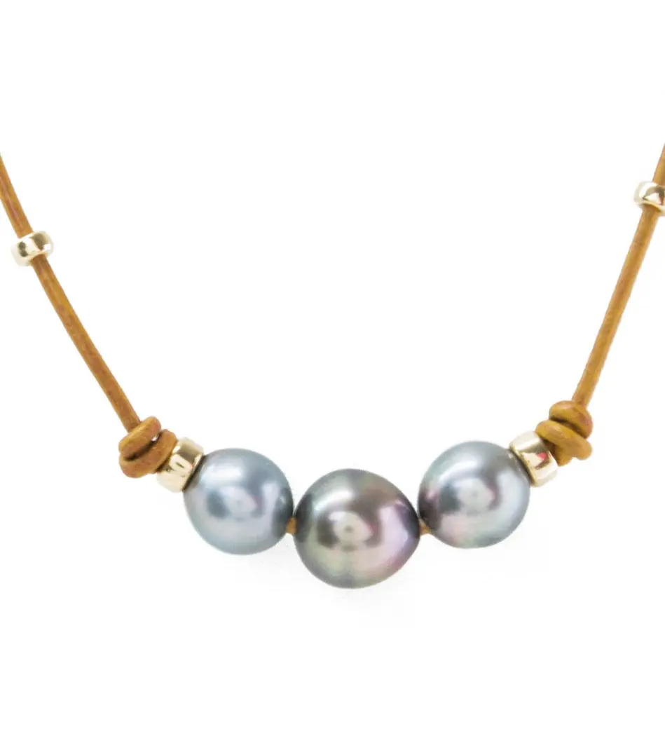 Tan Leather Three Tahitian Pearl Necklace With Beads - Gold Filled 1