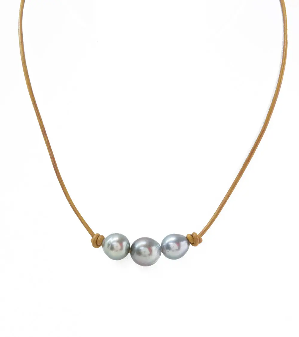 Tan Leather Four Tahitian Pearl Simple Choker 2