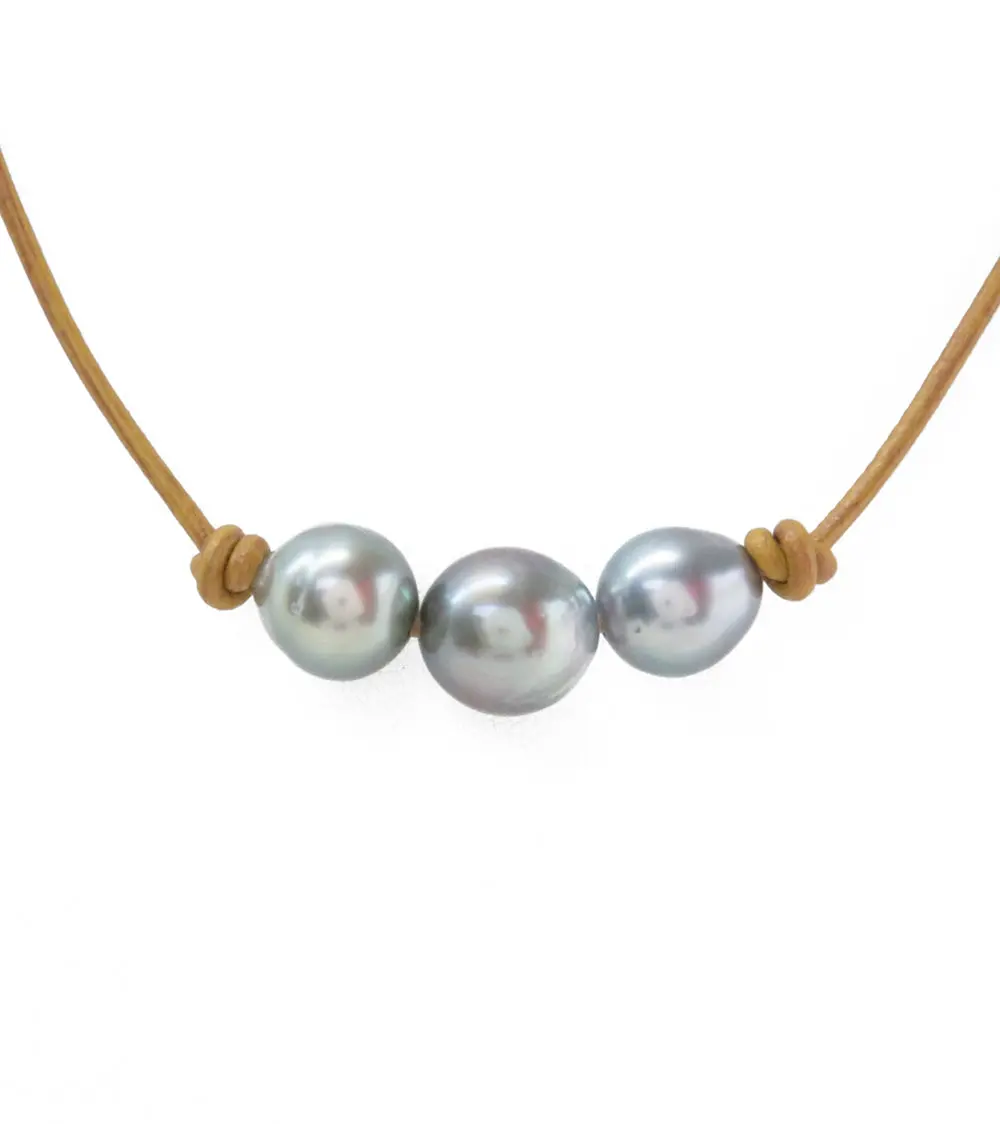 Tan Leather Four Tahitian Pearl Simple Choker 1
