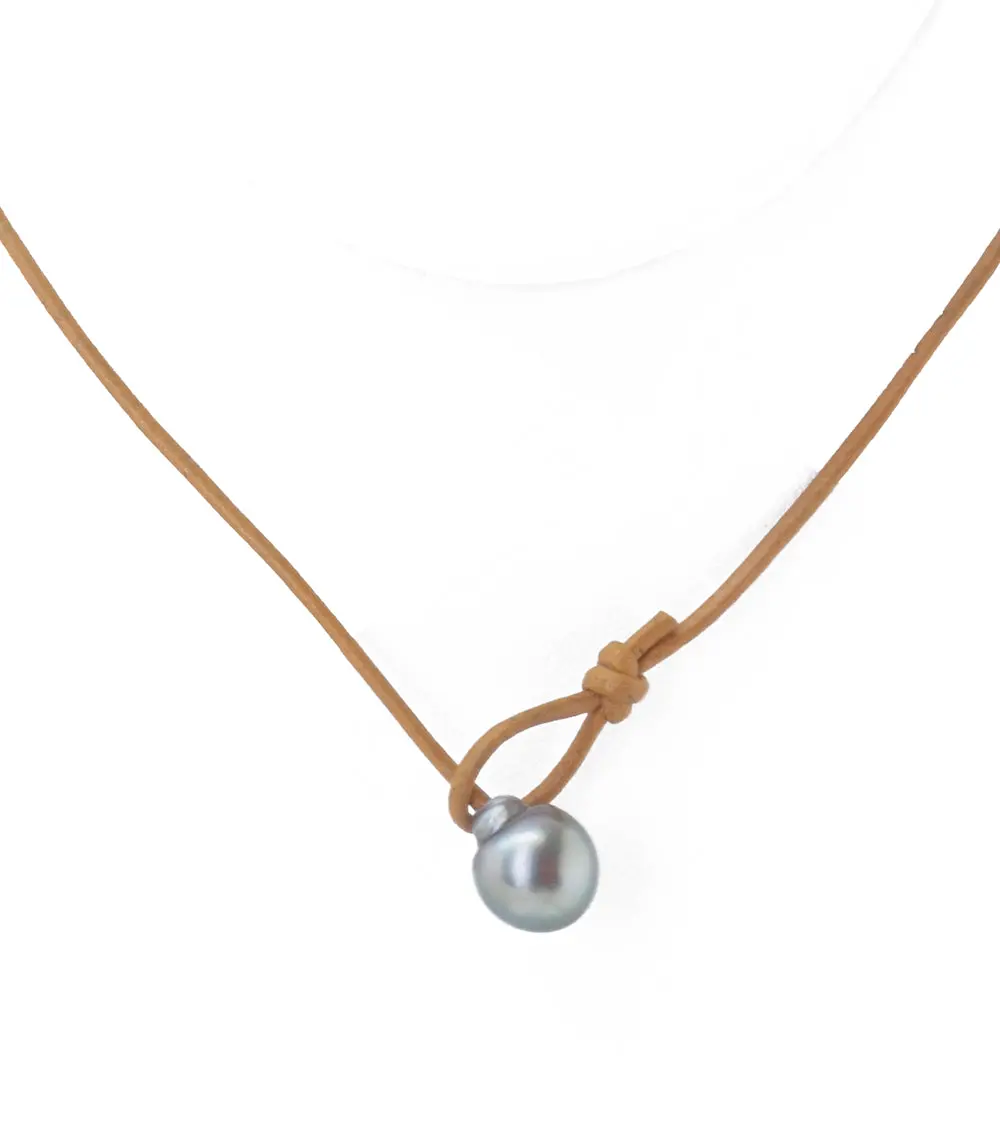 Tan Leather Five Tahitian Pearl "Y" Necklace 2