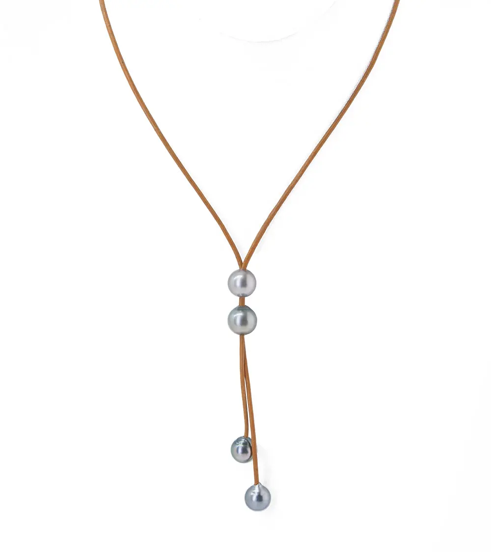 Tan Leather Five Tahitian Pearl "Y" Necklace 1