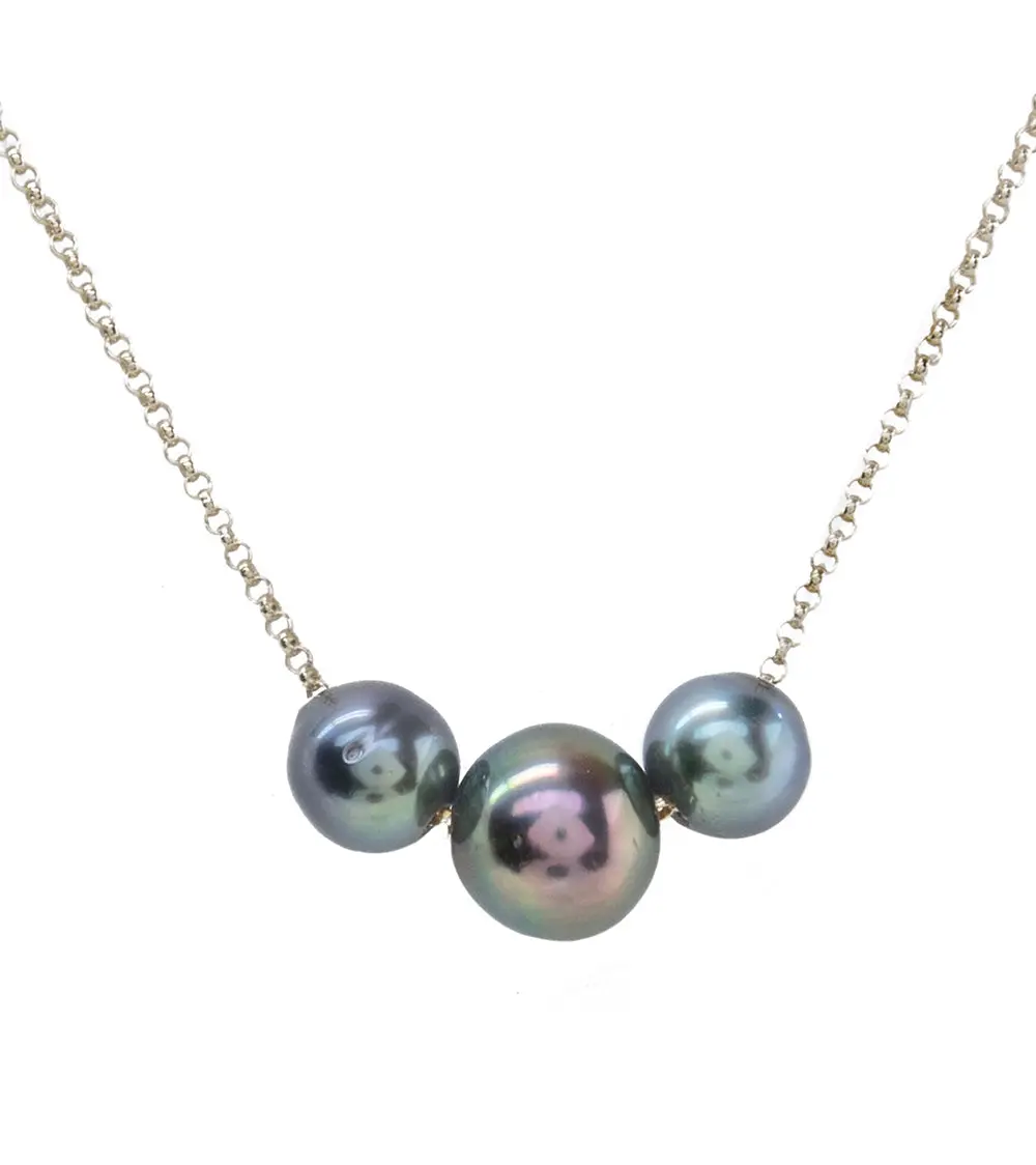 Floating Three Tahitian Pearls Necklace - Sterling Silver 1