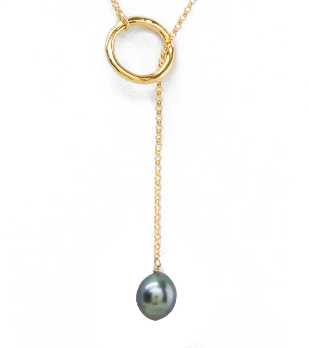 Circle Chain Lariat Tahitian Pearl Necklace - Gold Filled 1