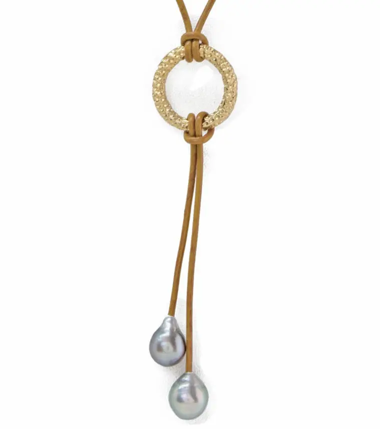 Leather Two Tahitian Pearl Necklace With Coral Design Accent 1