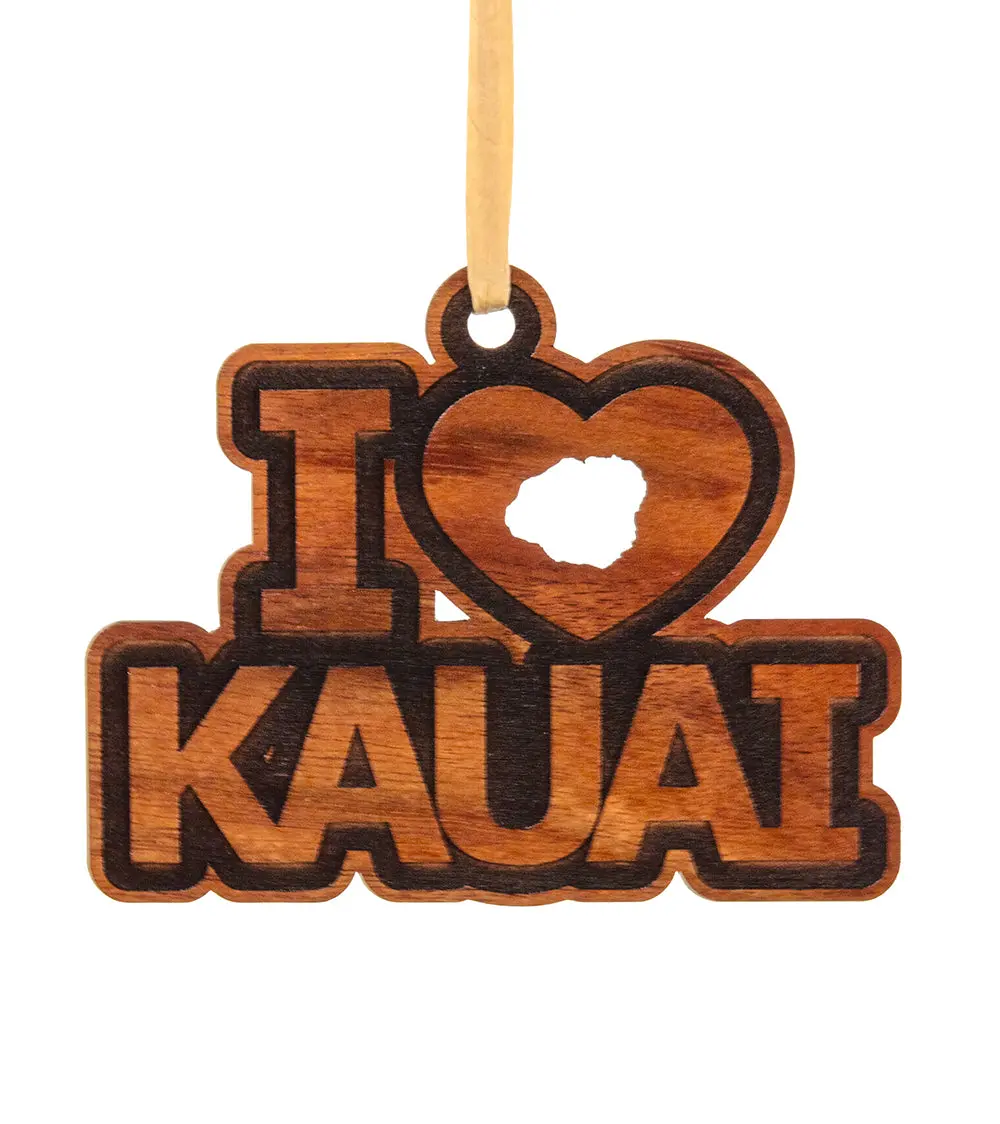 Koa Flat Ornament - I Love Kauai 1