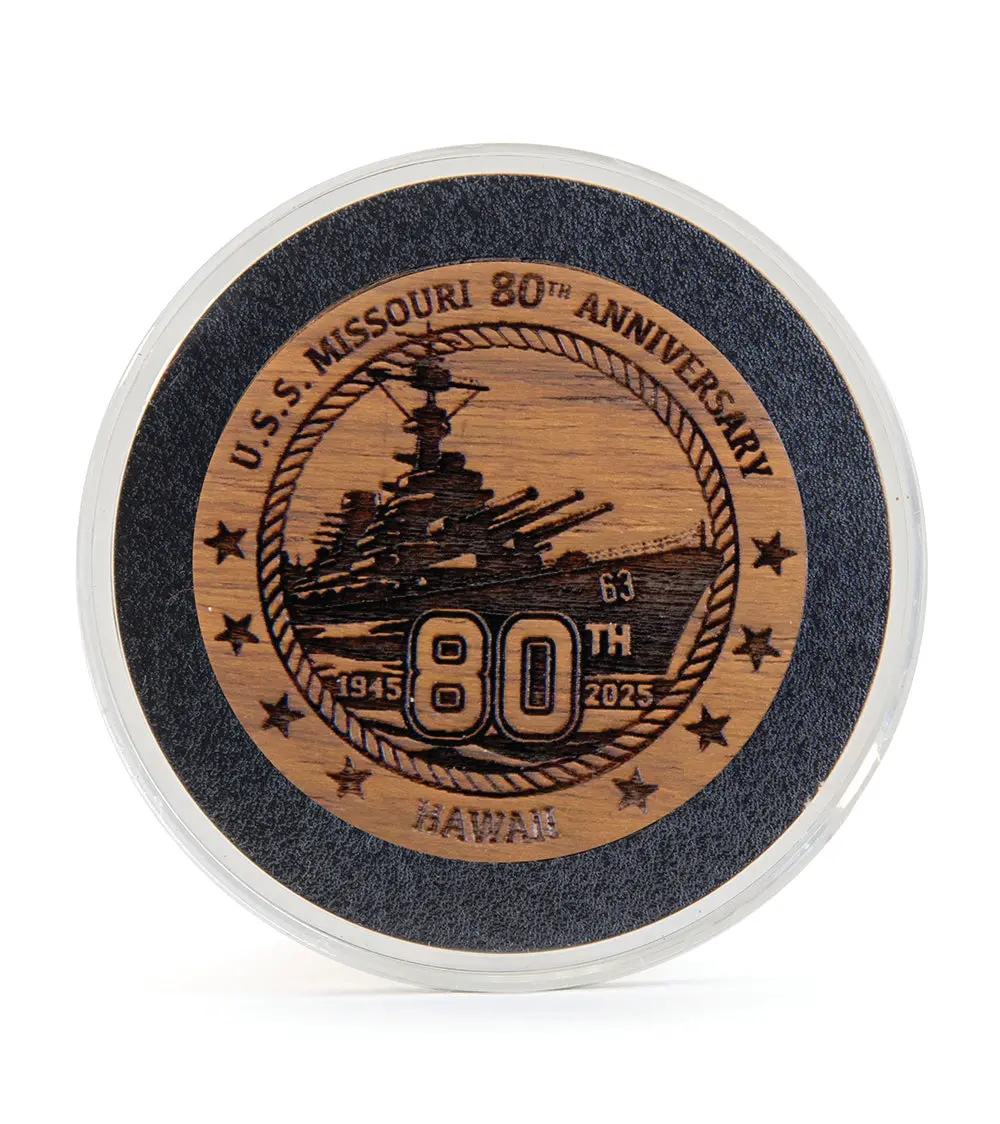 Uss Missouri Teak Challenge Coin "80Th Anniversary" 1