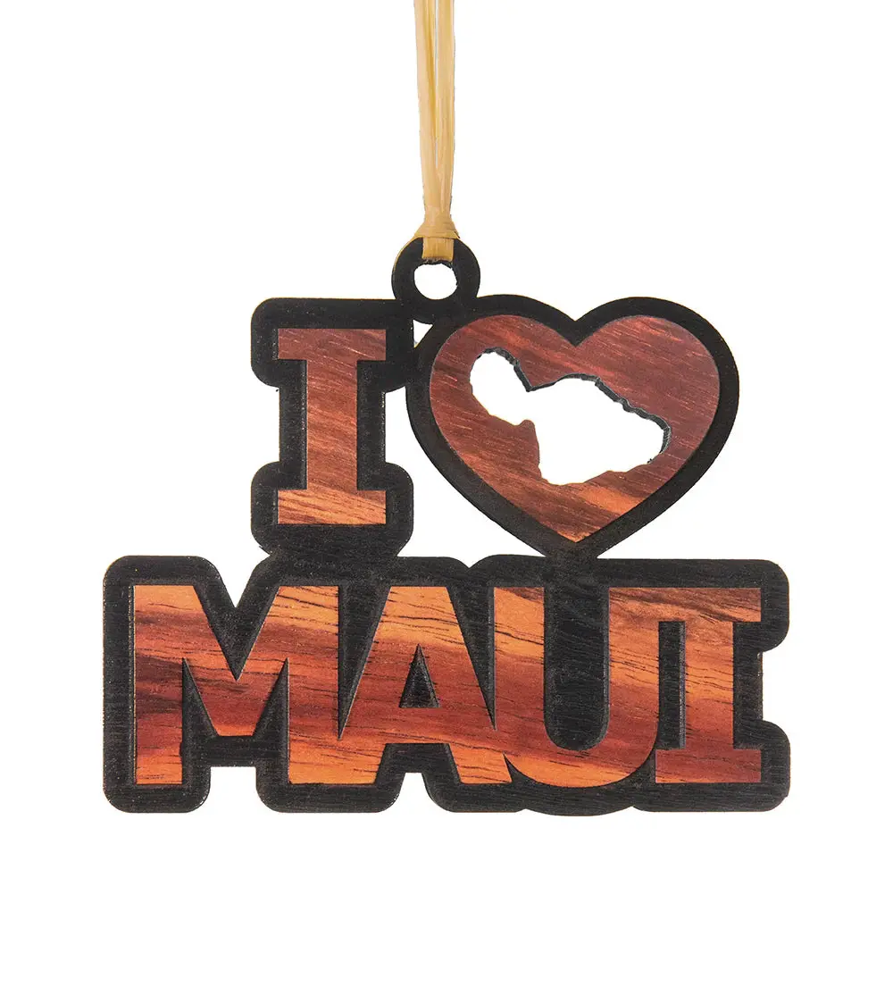 Koa Flat Ornament - I Love Maui 1