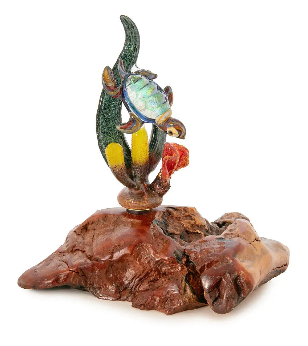 Glass And Wood Sculpture "Coral With Turtle" By Luke Olsen 1