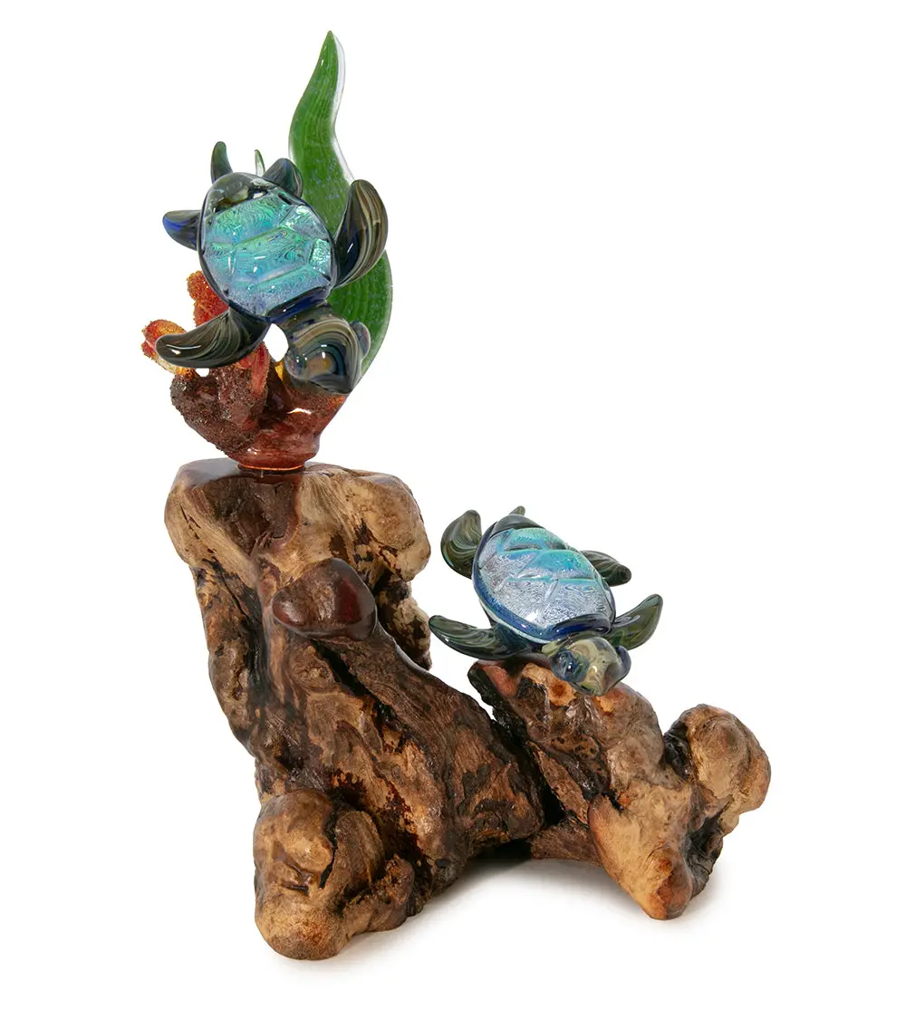 Glass And Wood Sculpture "Coral With Two Turtles" By Luke Olsen 1