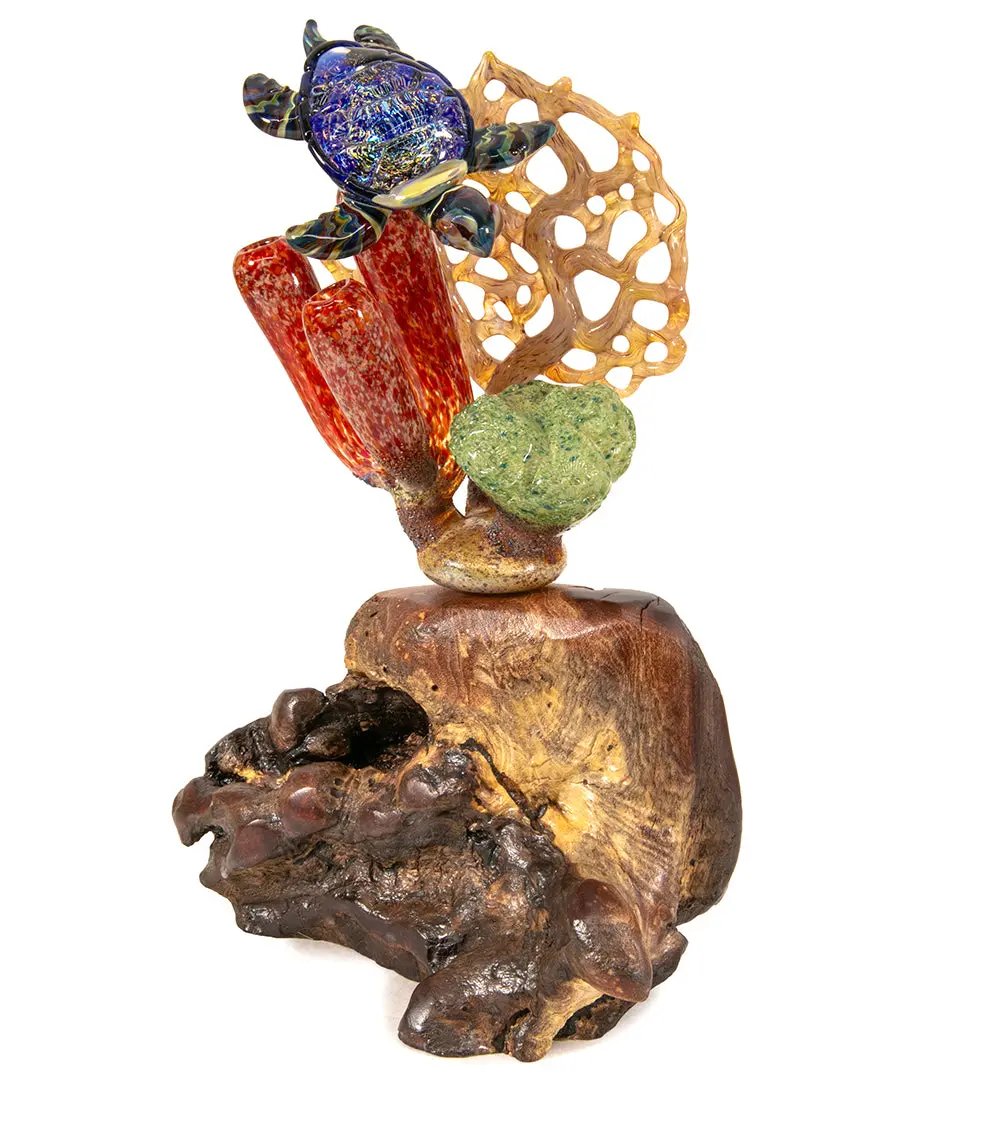 Glass Sculpture "Coral Cluster With Honu" By Luke Olsen 1