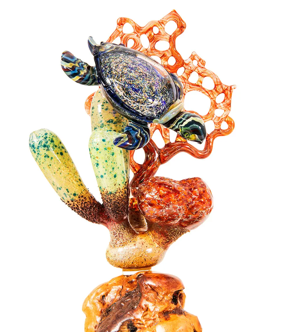 Glass Sculpture "Coral Cluster With Honu" By Luke Olsen 2