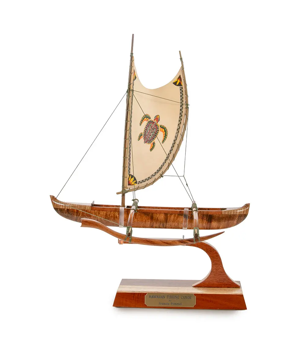 Koa 12" Canoe "Hawaiian Fishing" With Hand-Painted Sail By Francis Pimmel 1