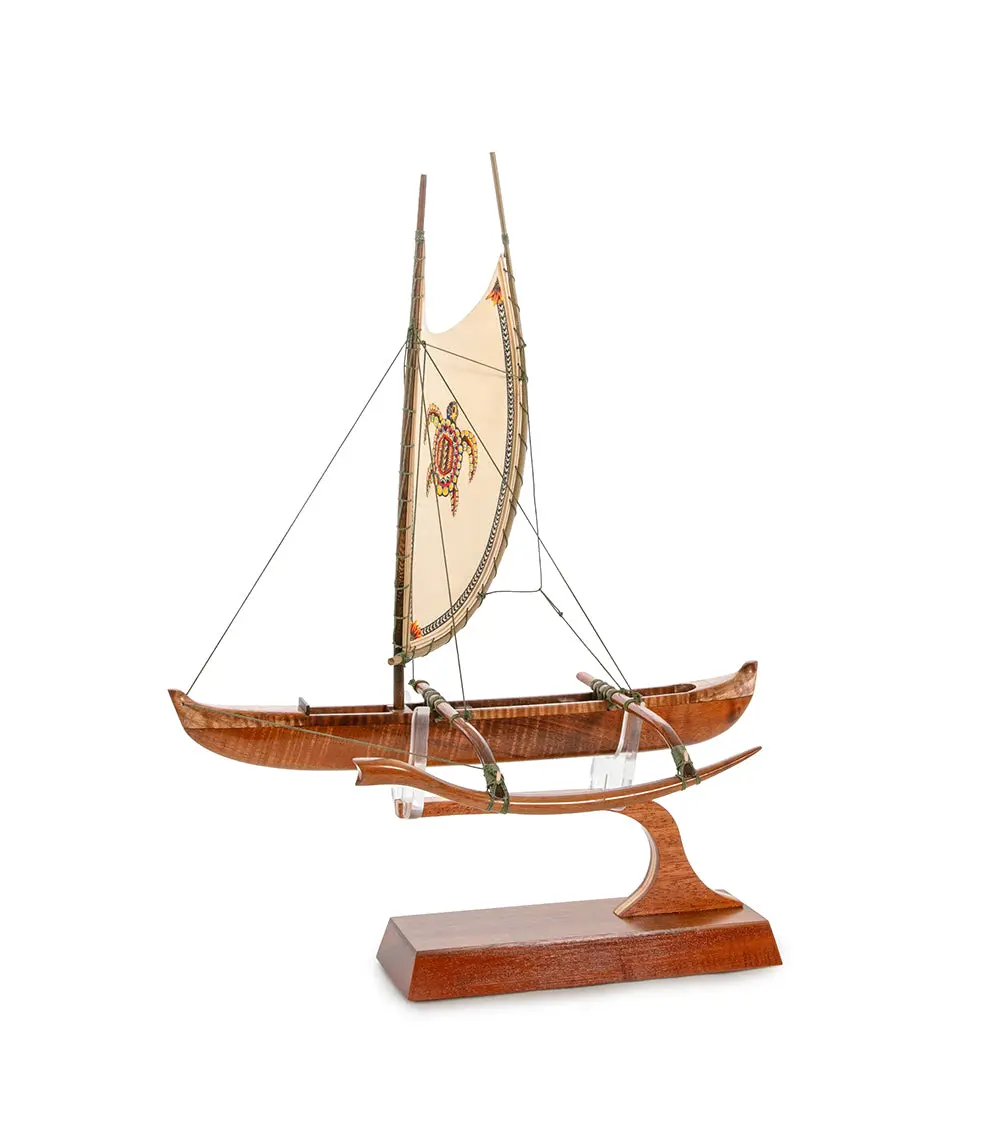 Koa 12" Canoe "Hawaiian Fishing" With Hand-Painted Sail By Francis Pimmel 2