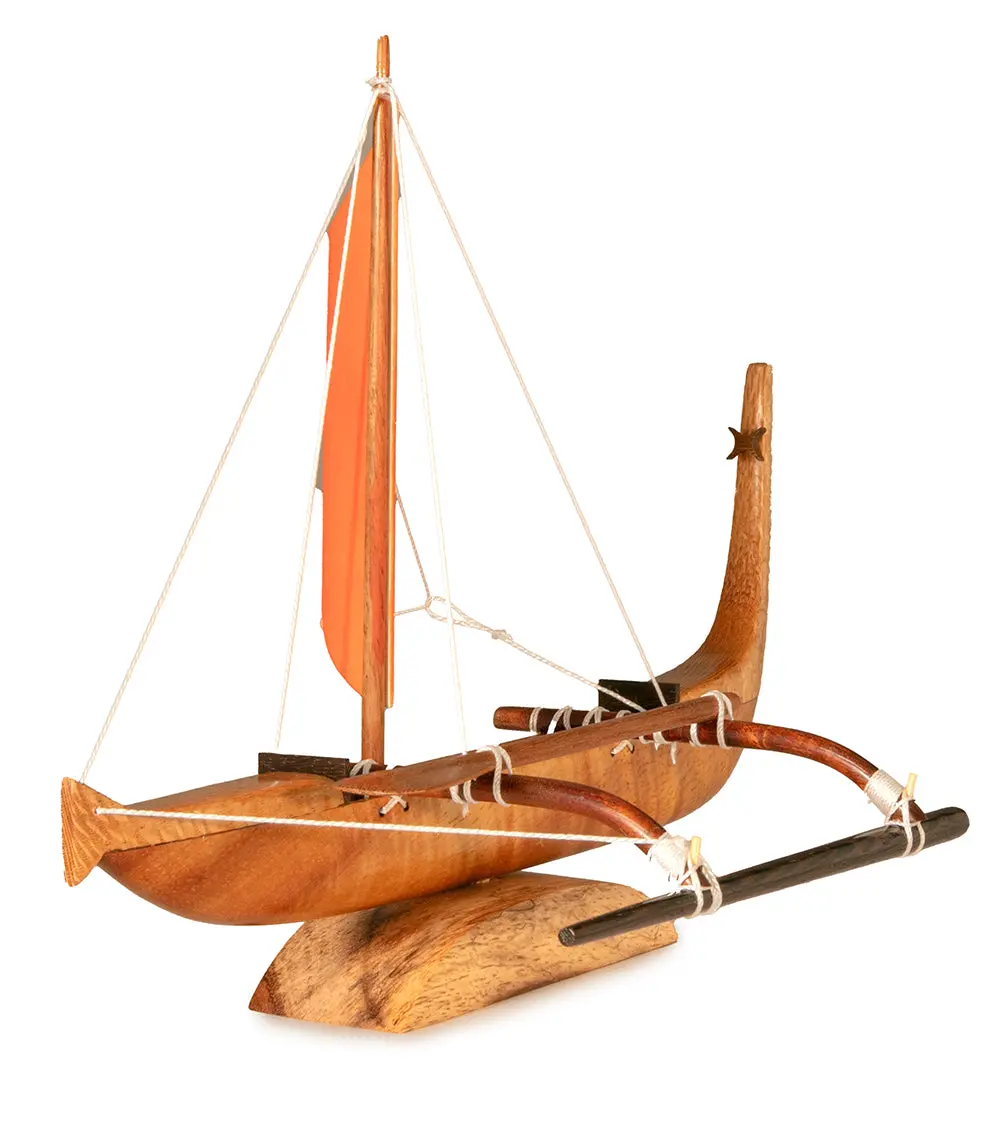 Koa 10”L Canoe “Mini Cook Island With Orange Sail” By Francis Pimmel 2