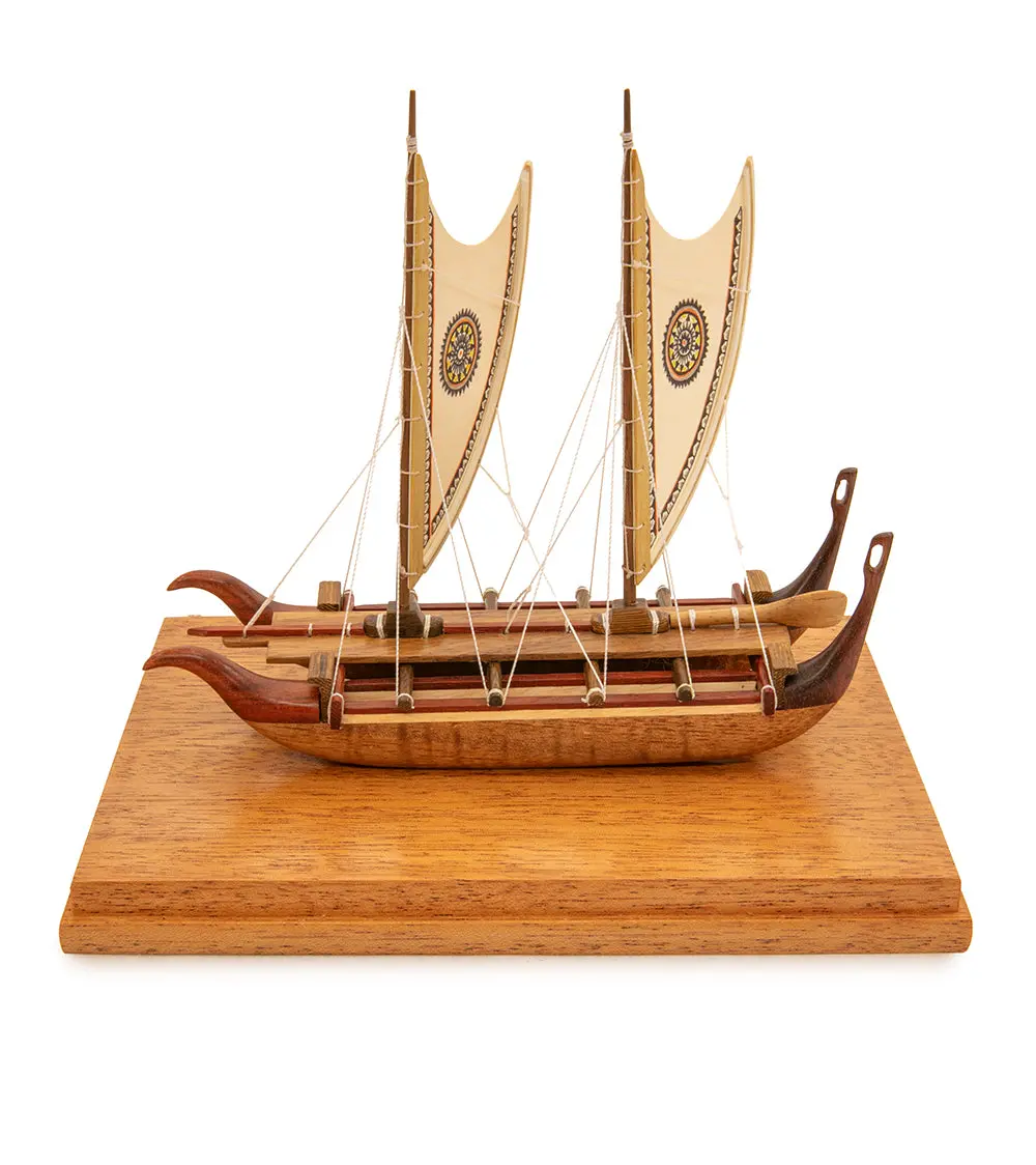 Koa 6”L Canoe “Marquesan Double-Hull Canoe With Painted Sails" By Francis Pimmel 2
